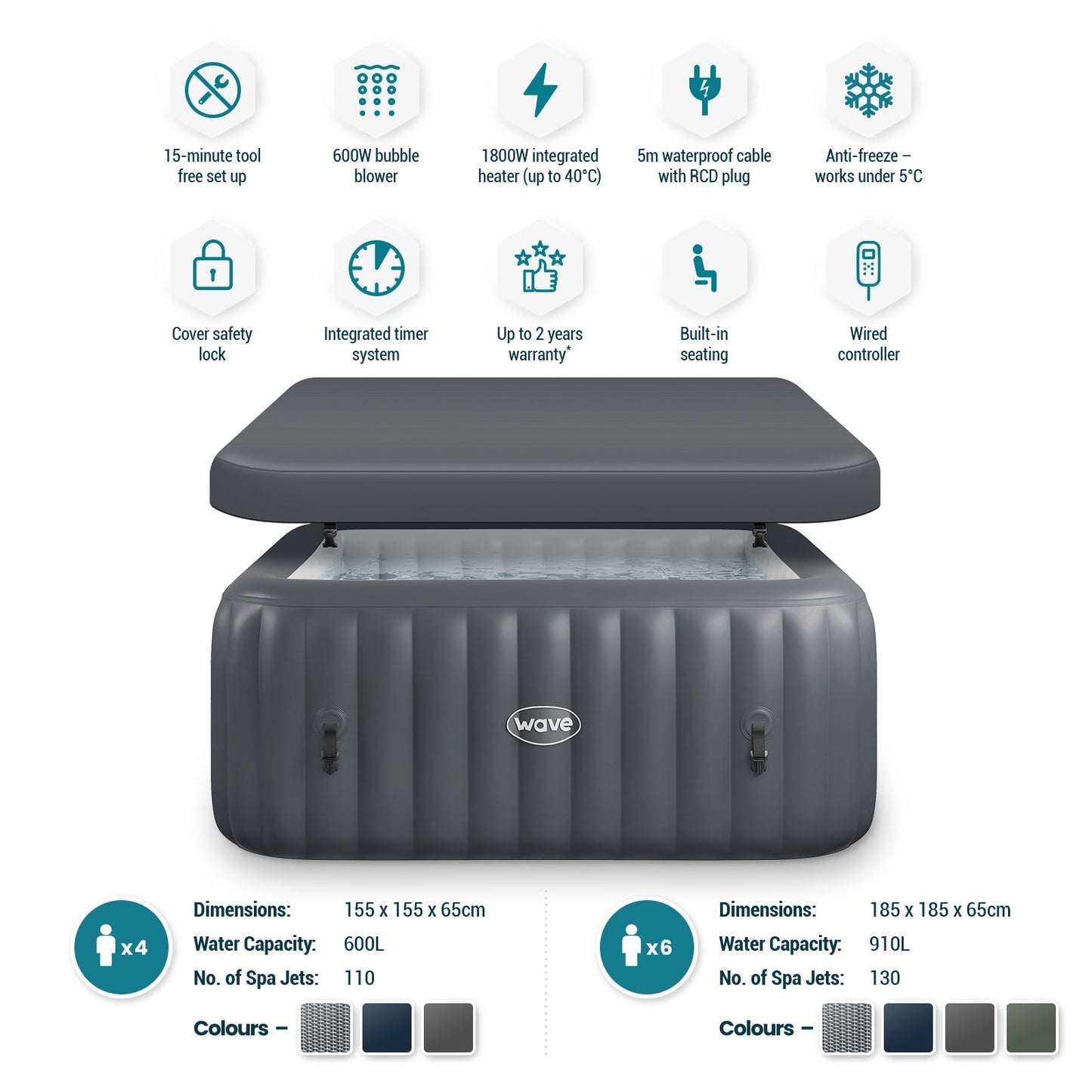 Pacific | 4/6-Person Inflatable Hot Tub | Integrated Heater | Dark Grey