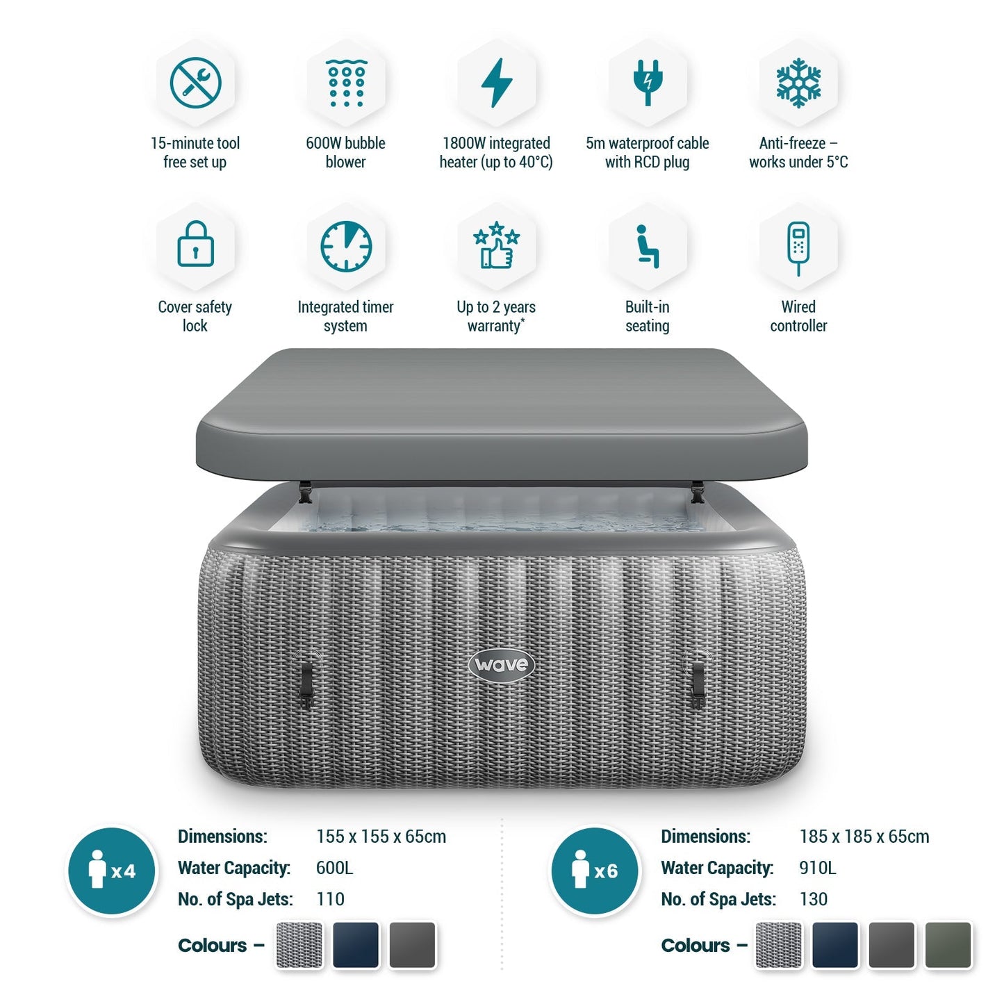 Pacific | 4/6-Person Inflatable Hot Tub | Integrated Heater | Grey Rattan