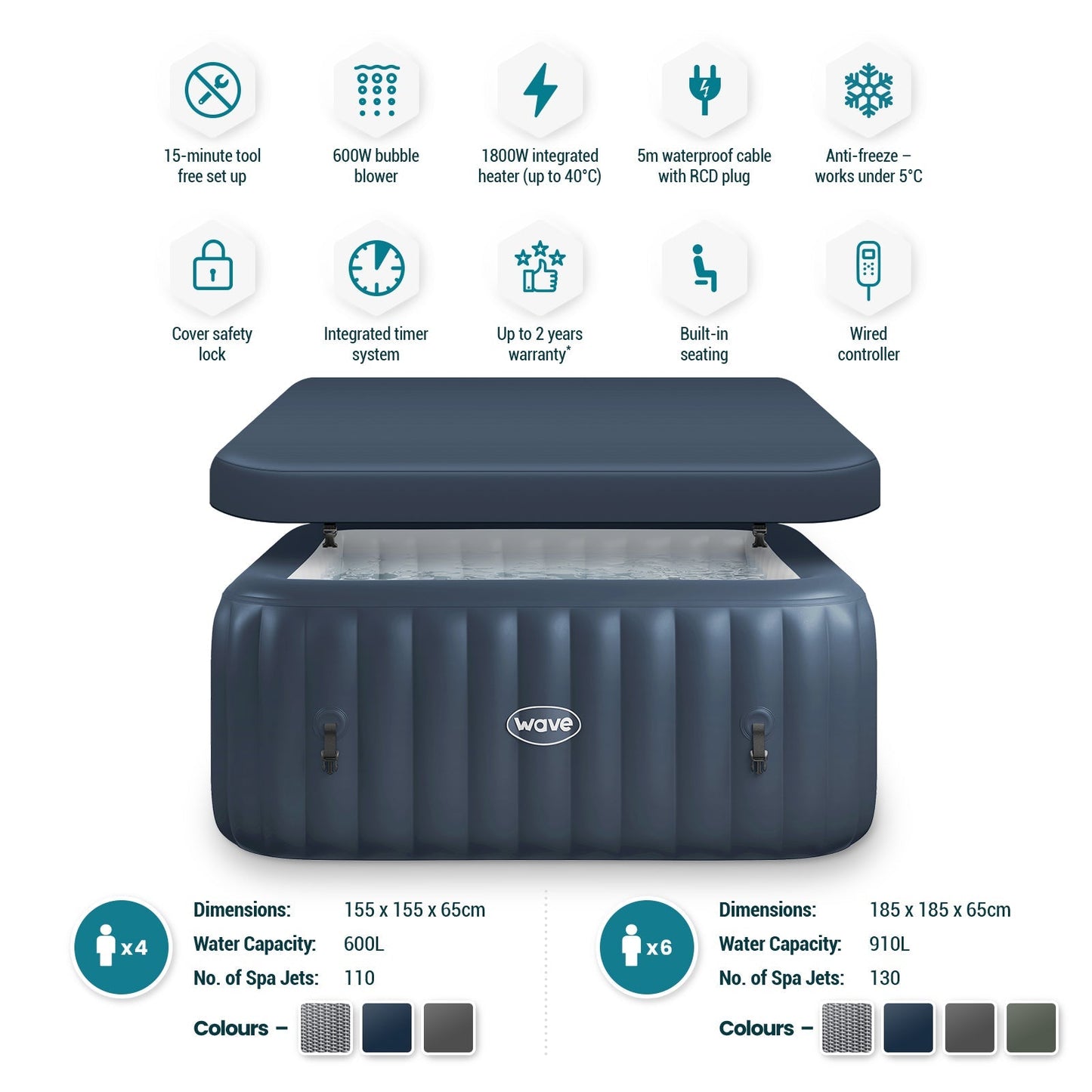 Pacific | 4/6-Person Inflatable Hot Tub | Integrated Heater | Navy