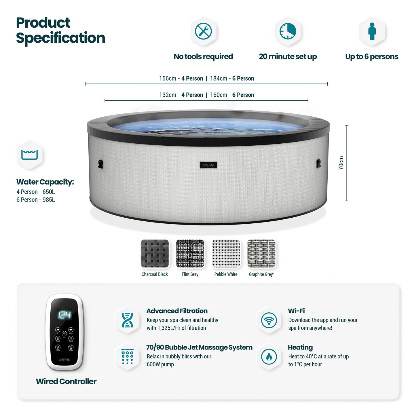 Tahoe | 4/6-Person Eco Foam Hot Tub | Built-In Integrated Heater | Pebble White